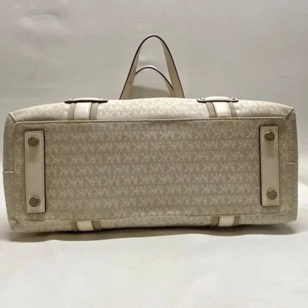 Michael Kors Griffin Large Logo Tote Natural Jacqard Canvas Leather Trim GUC‎